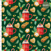 Green Background Watercolor Christmas Objects Mug Sugar Cookie Pattern Digital Printed Fabric